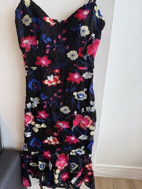 GUESS Black Lace Midi Dress with Pink, Blue & Cream Floral Embroidery